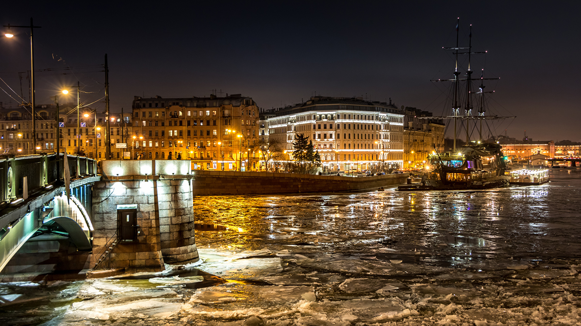 Фото Санкт-Петербург Россия Лед Реки ночью Причалы Уличные 1920x1080