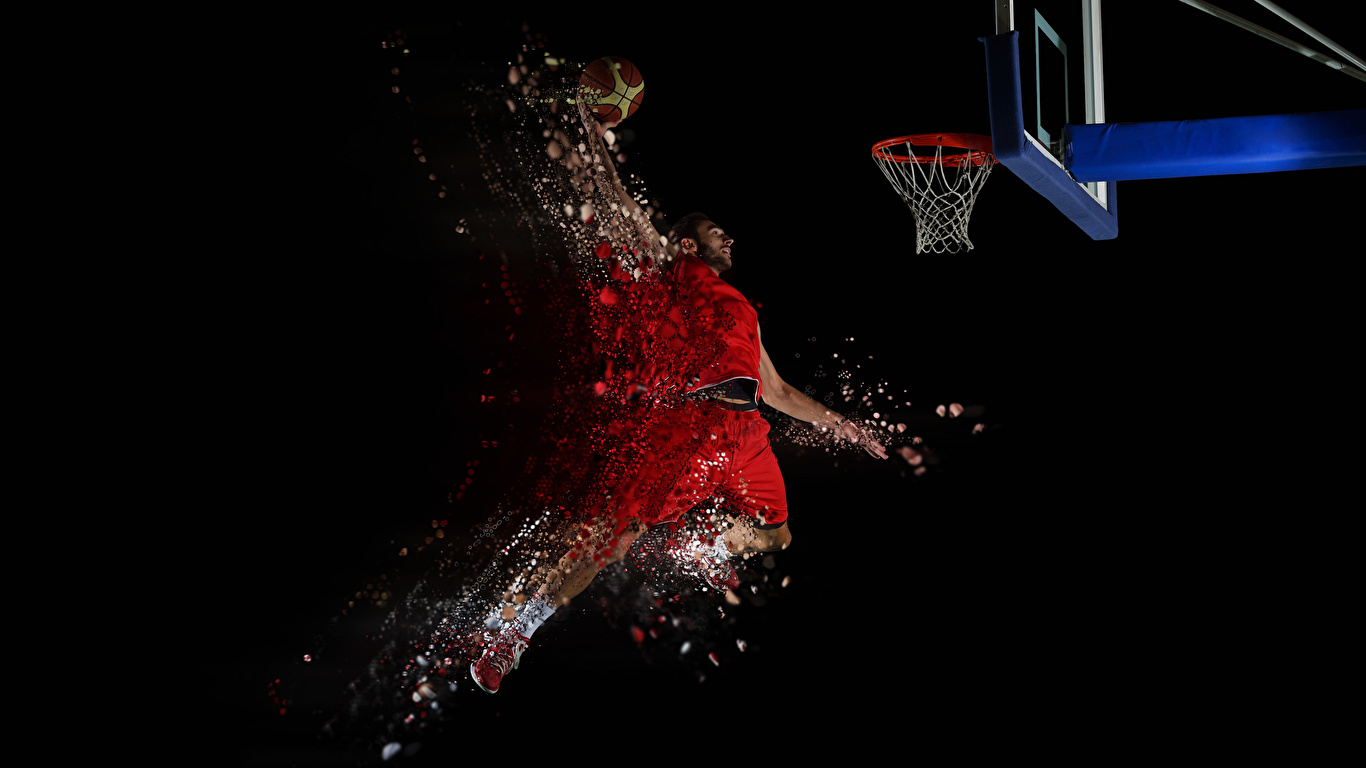 壁紙 1366x768 バスケットボール 男性 黒色背景 飛び スポーツボール スポーツ ダウンロード 写真