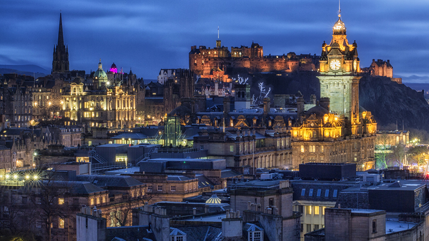 Image Edinburgh United Kingdom Towers Castle Night Time 1366x768