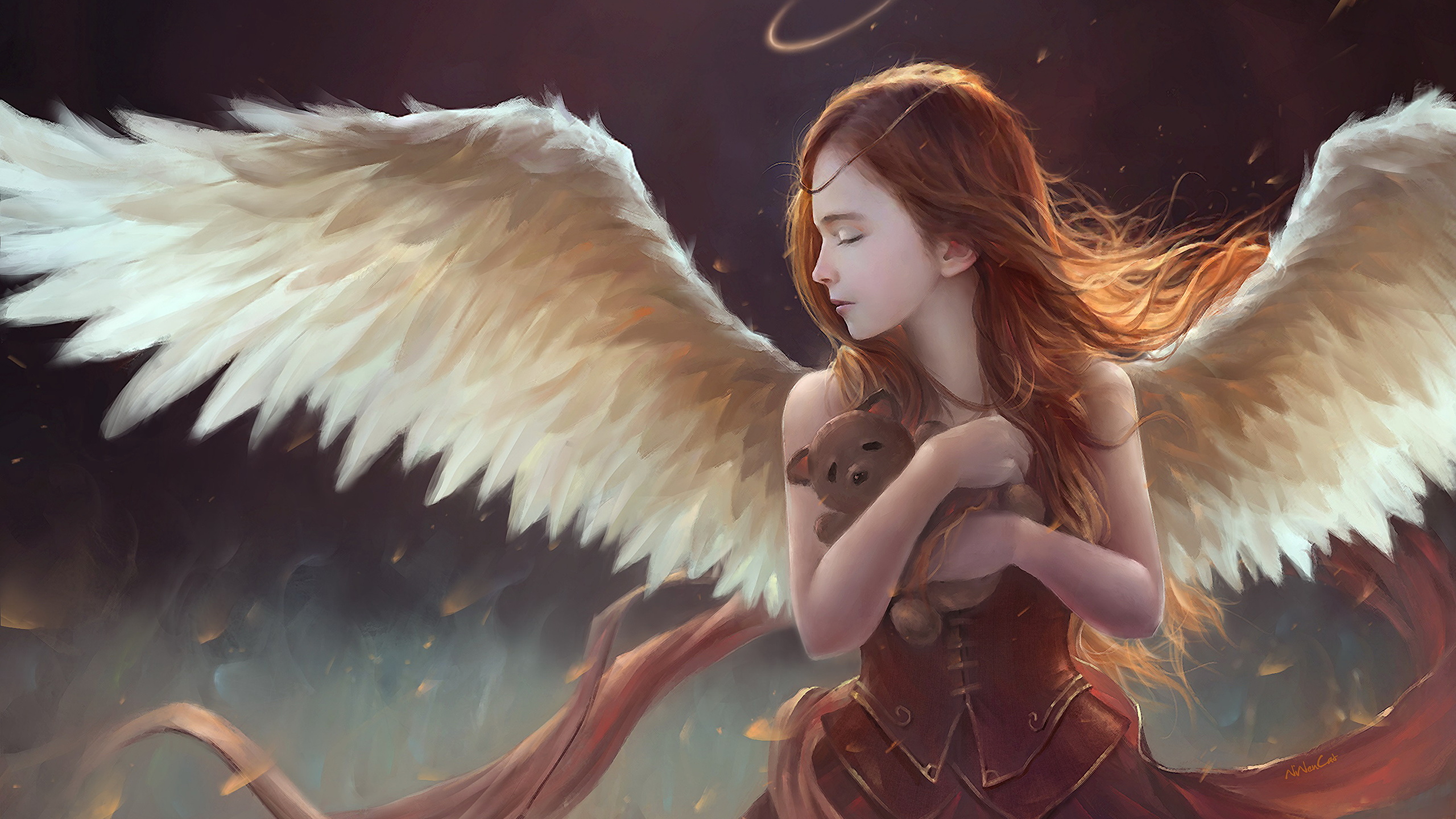 Image Brown Haired Wings Fantasy Young Woman Angel 2560x1440