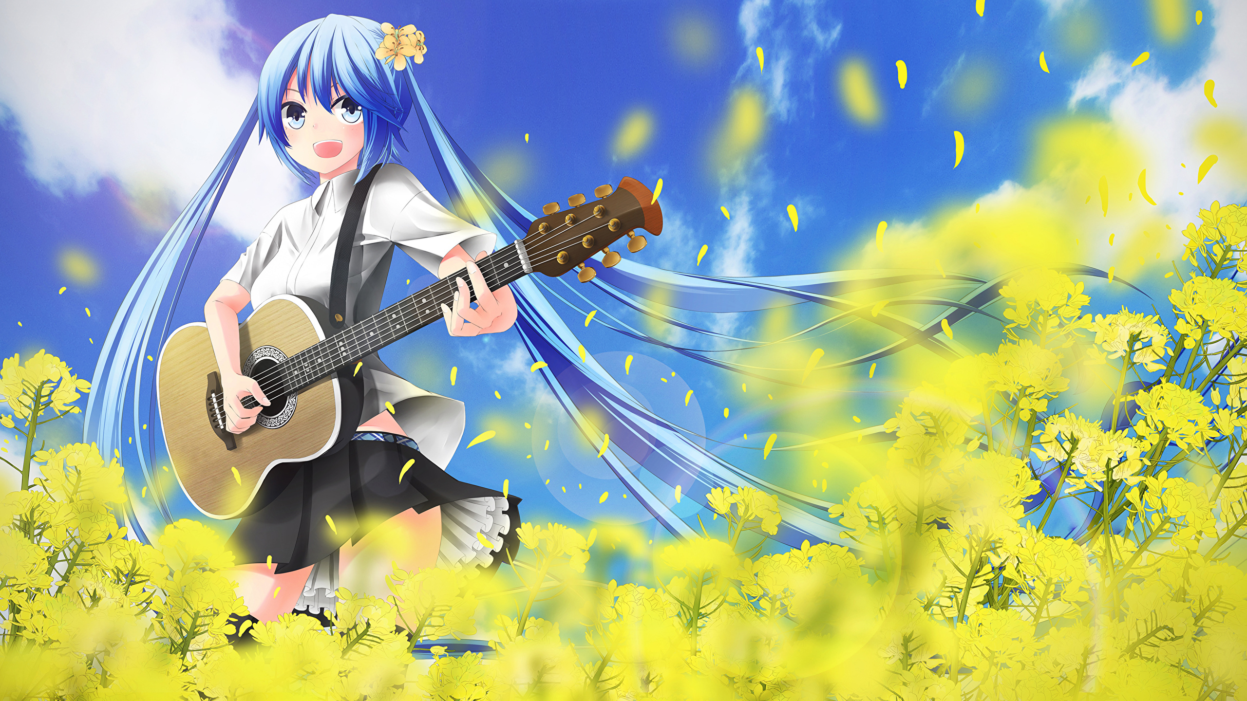 壁紙 2560x1440 ボーカロイド 初音ミク Nekobaka ギター アニメ 少女 ダウンロード 写真