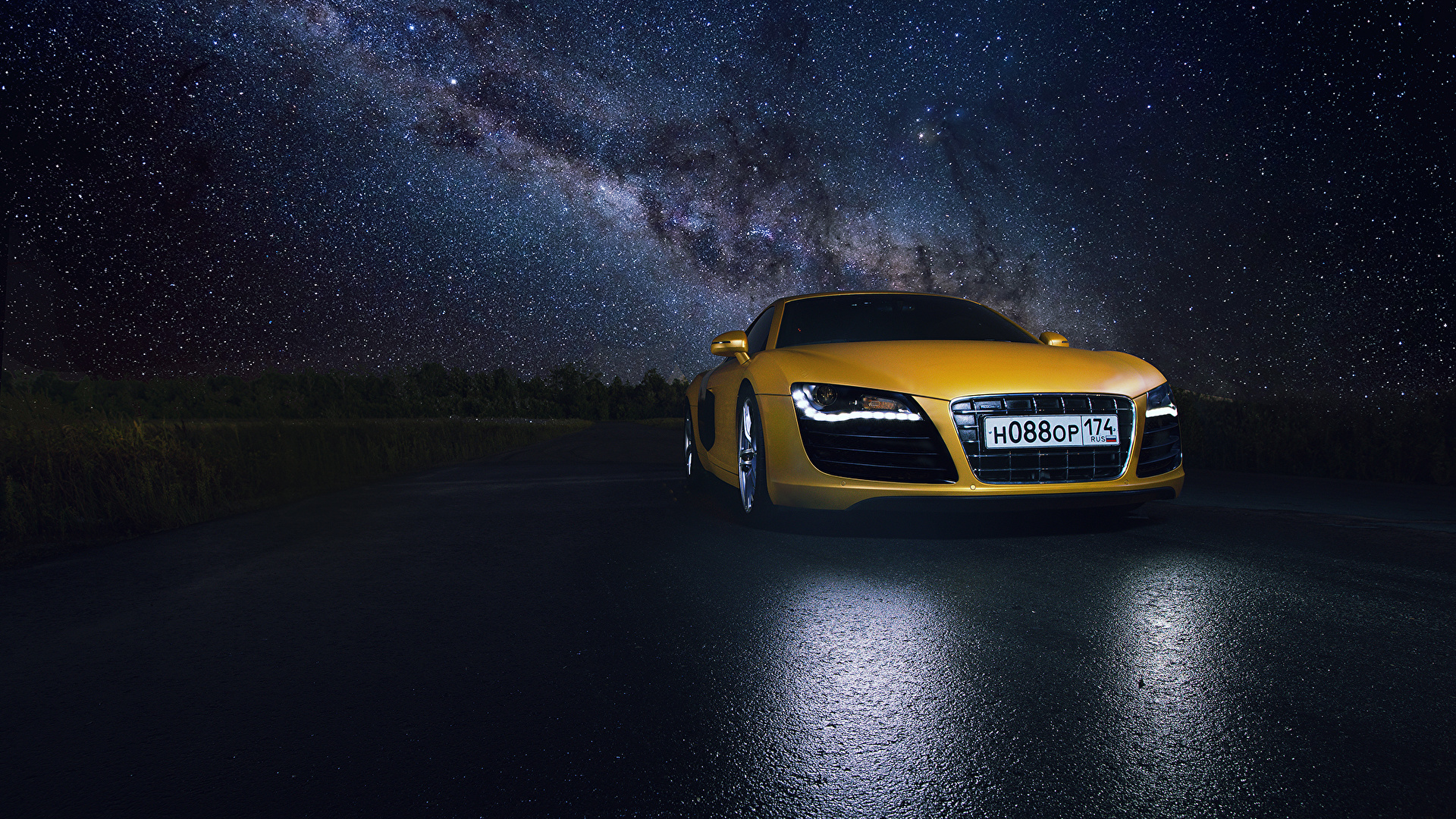 Фотография Audi Звезды R8 Supercar желтая Небо авто Ночь 1920x1080