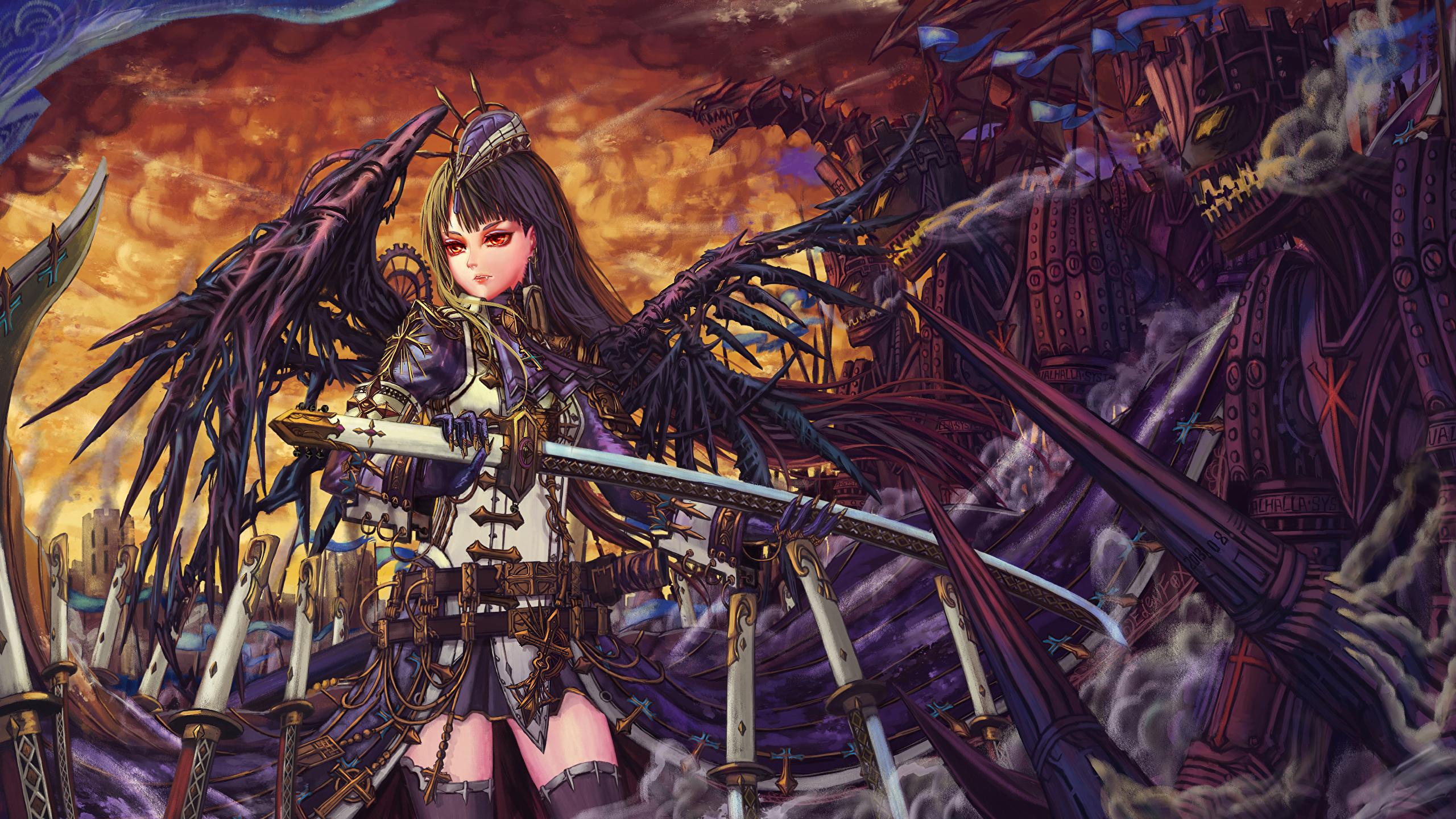 Photo Steampunk Sabre Warriors Wings Anime Girls Fantasy 2560x1440