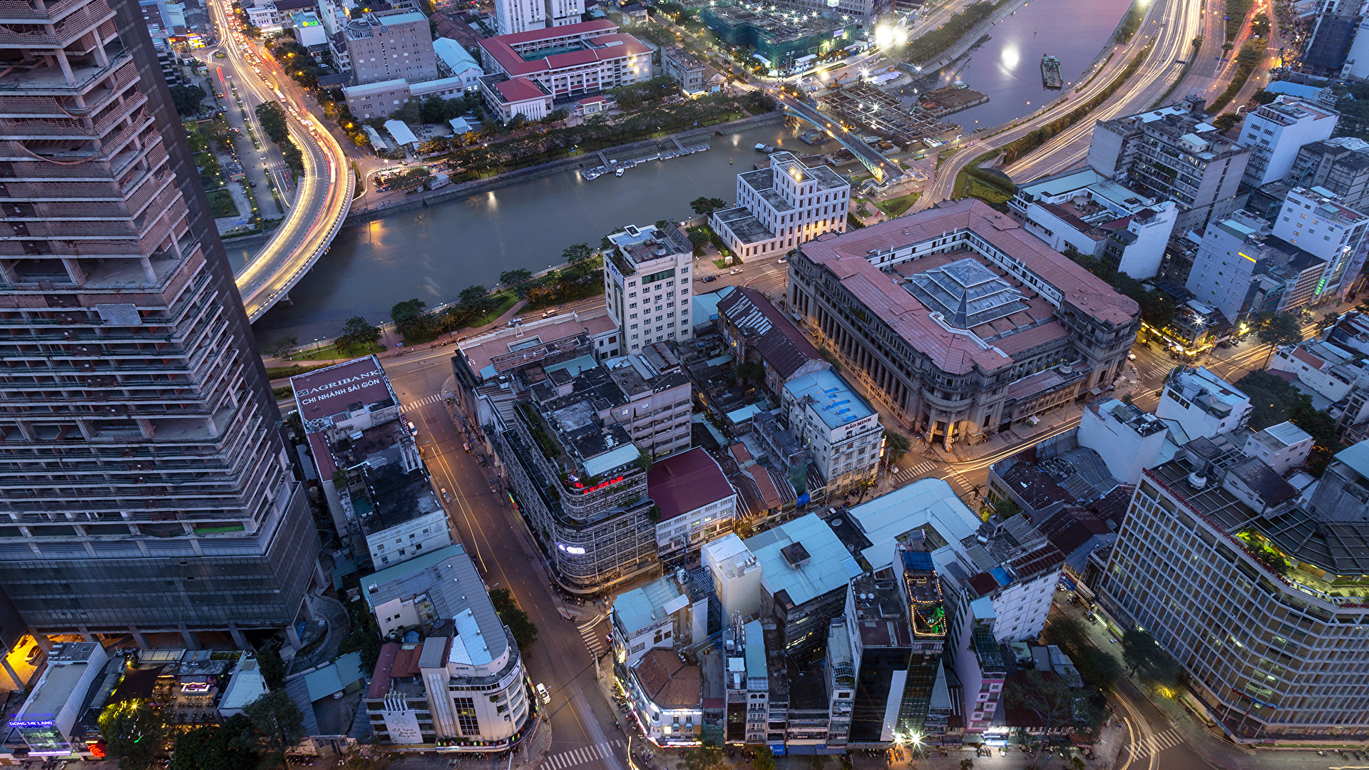 Картинка Вьетнам Saigon Крыша река Вечер Сверху Дома город 1920x1080