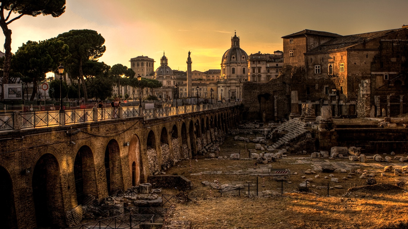 壁紙 1366x768 朝焼けと日没 ローマ イタリア 廃墟 街灯 都市 ダウンロード 写真