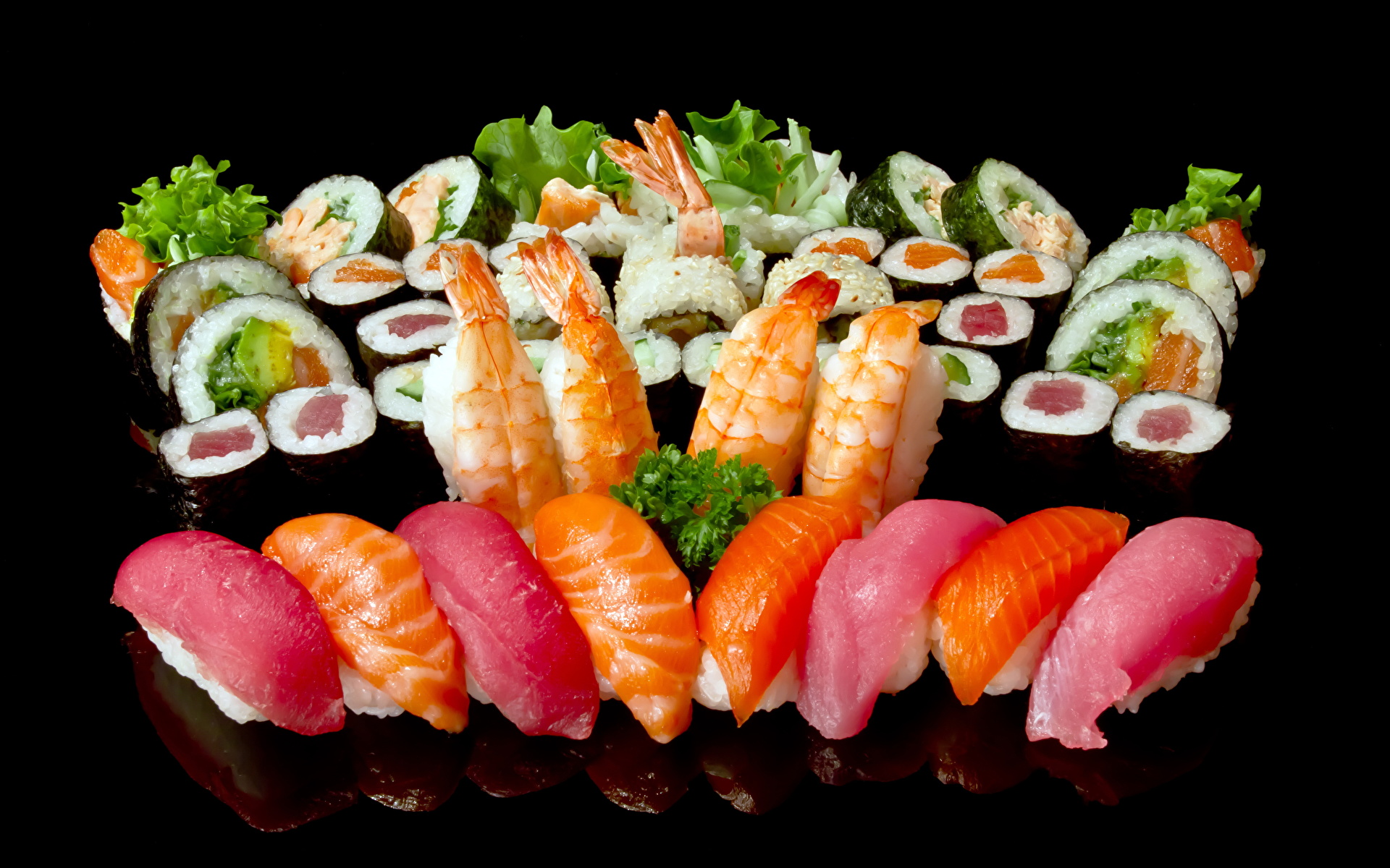 Desktop Hintergrundbilder Sushi das Essen Meeresfrüchte 1920x1200 Lebensmittel