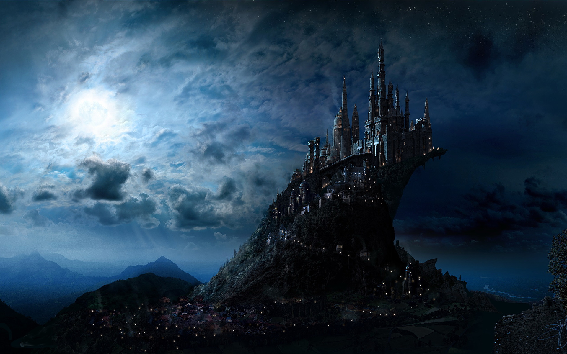 壁紙 19x10 ハリー ポッター 城 幻想的な世界 Hogwarts 夜 月 映画 ファンタジー ダウンロード 写真