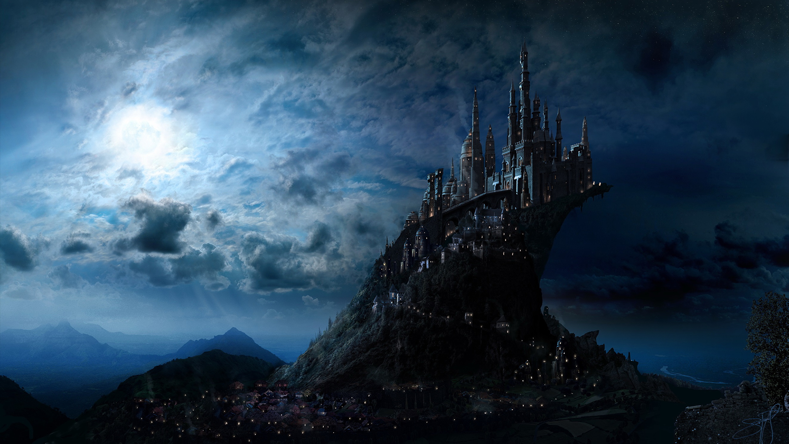 壁紙 2560x1440 ハリー ポッター 城 幻想的な世界 Hogwarts 夜 月 映画 ファンタジー ダウンロード 写真
