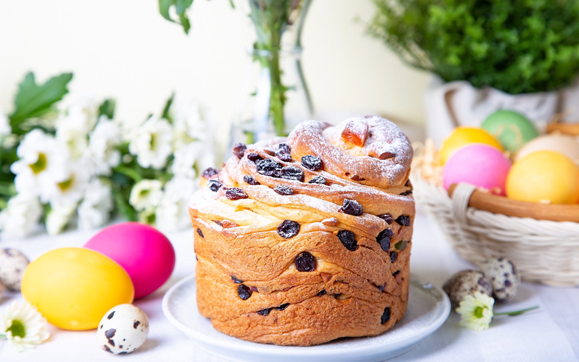 Picture Easter Eggs Kulich Raisin Powdered sugar Food 1920x1200