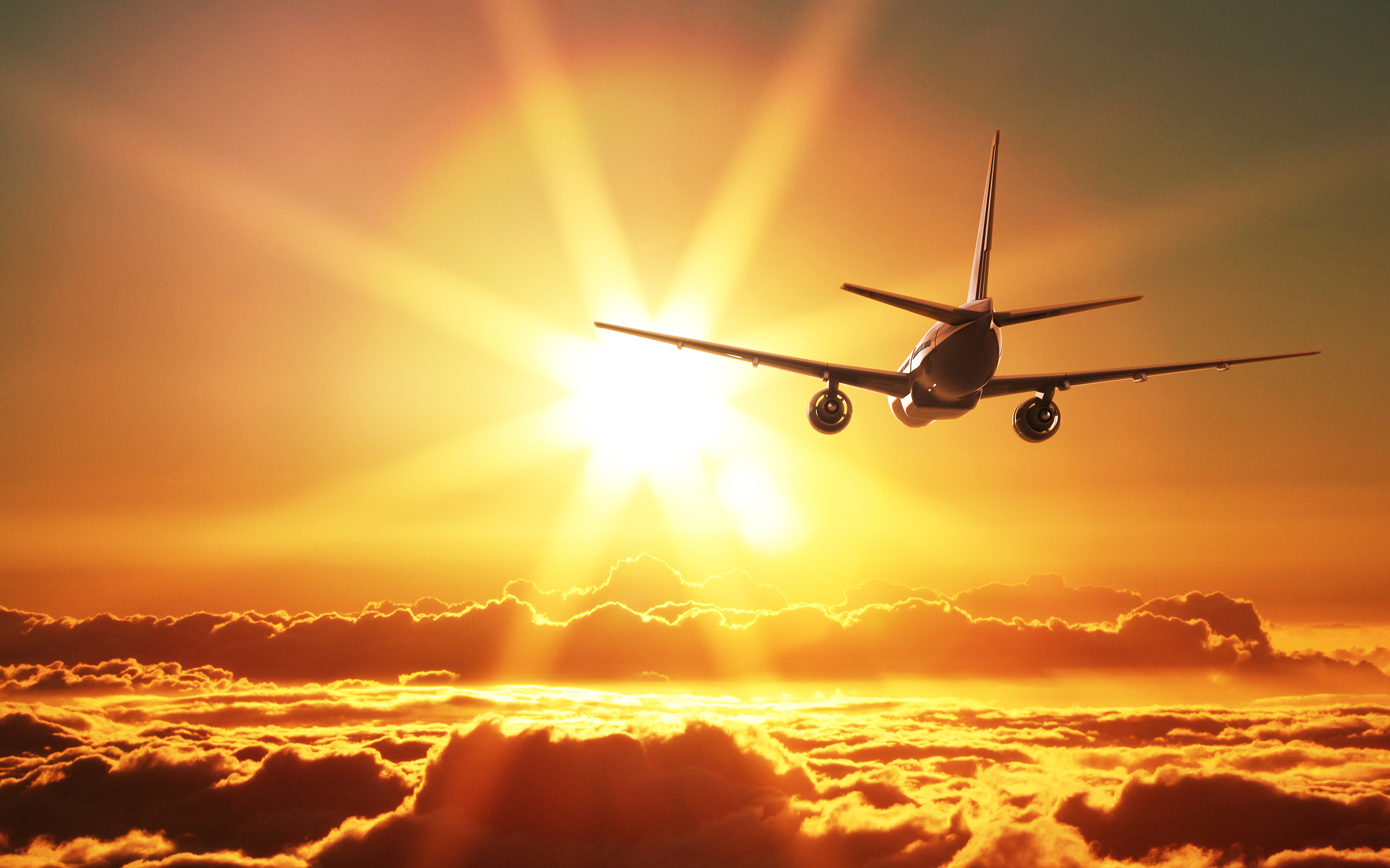 Картинка Самолеты Пассажирские Самолеты солнца летят Облака Авиация 3840x2400 Солнце Полет летит летящий облако облачно