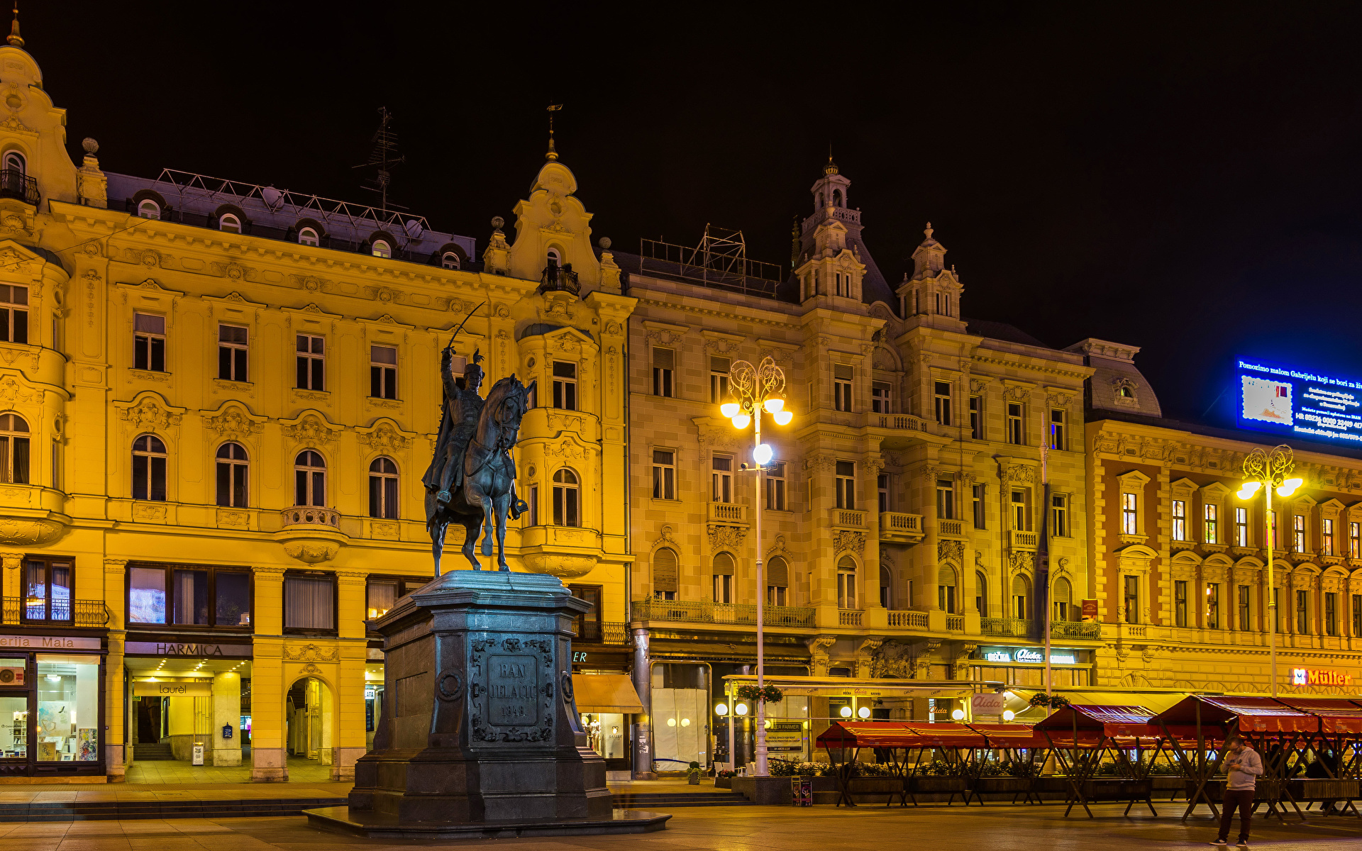 Fotos Zagreb Kroatien Denkmal Abend Straßenlaterne Haus 1920x1200