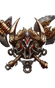 Bilder Diablo 3 Weißer hintergrund Horn Streitaxt Wappen Coat of Arms Barbarian Fantasy