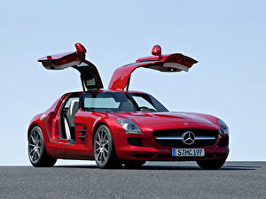 デスクトップの壁紙、、メルセデス・ベンツ、赤、豪華な、2014 SLS 63 AMG C197、自動車