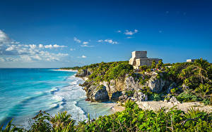 Bakgrundsbilder på skrivbordet Mexiko Kusten Ruinerna Himmel Tulum, Quintana Roo Natur