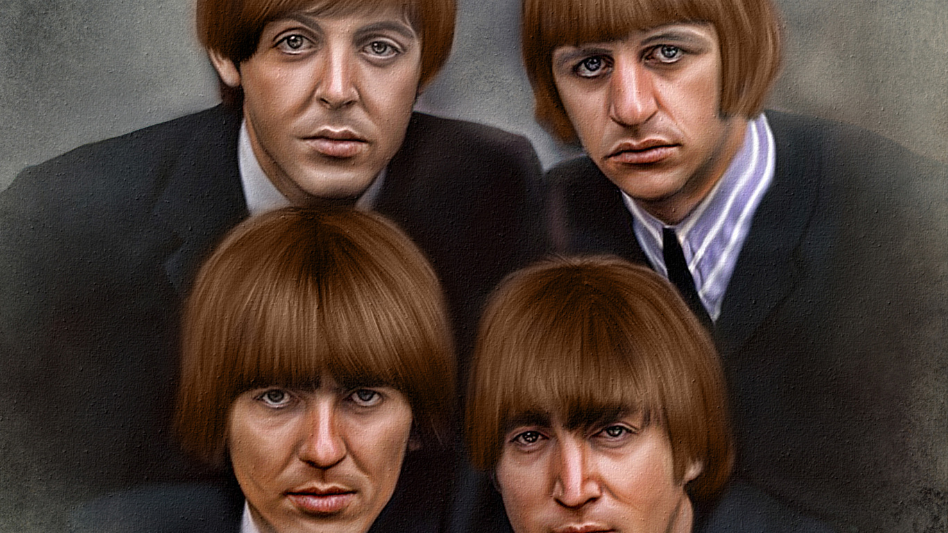 壁紙 1366x768 ビートルズ ジョン レノン 描かれた壁紙 Paul Mccartney George Harrison Ringo Starr 音楽 有名人 ダウンロード 写真