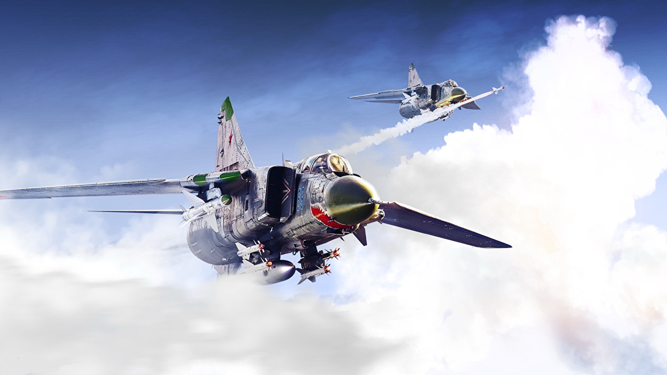 Desktop Hintergrundbilder Jagdflugzeug Flugzeuge Russische MiG-23 Gezeichnet Luftfahrt 1366x768 russischer russisches