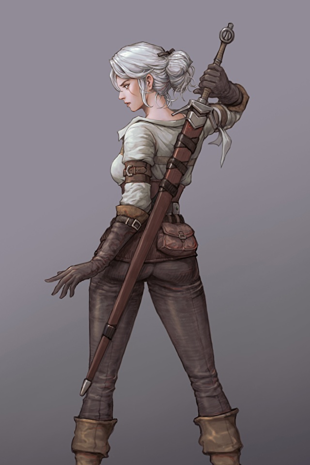 壁紙 640x960 The Witcher 3 Wild Hunt 描かれた壁紙 ウォリアーズ Ciri の背面図 アート グレーの背景 剣 ブロンドの女の子 ゲーム 少女 ファンタジー ダウンロード 写真