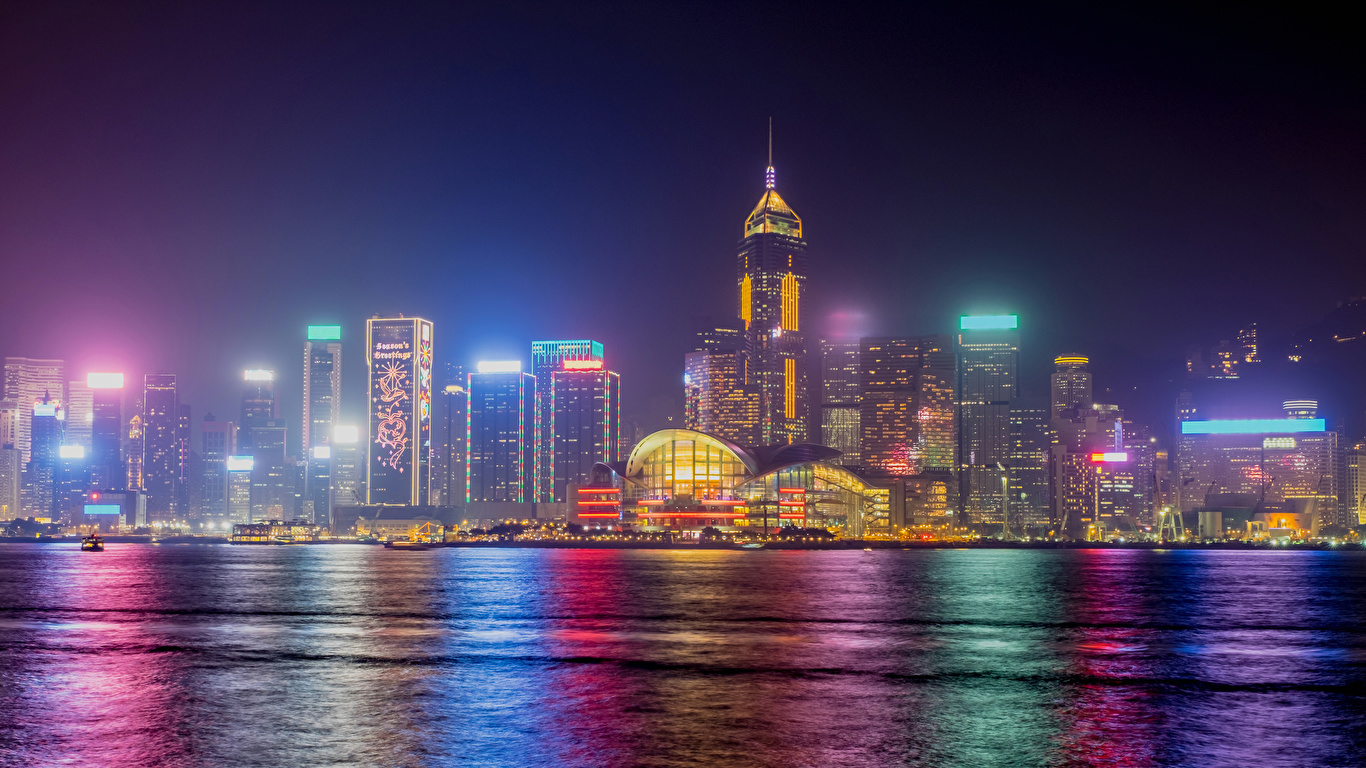 壁紙 1366x768 香港 中华人民共和国 房屋 岸 晚上 城市 下载 照片