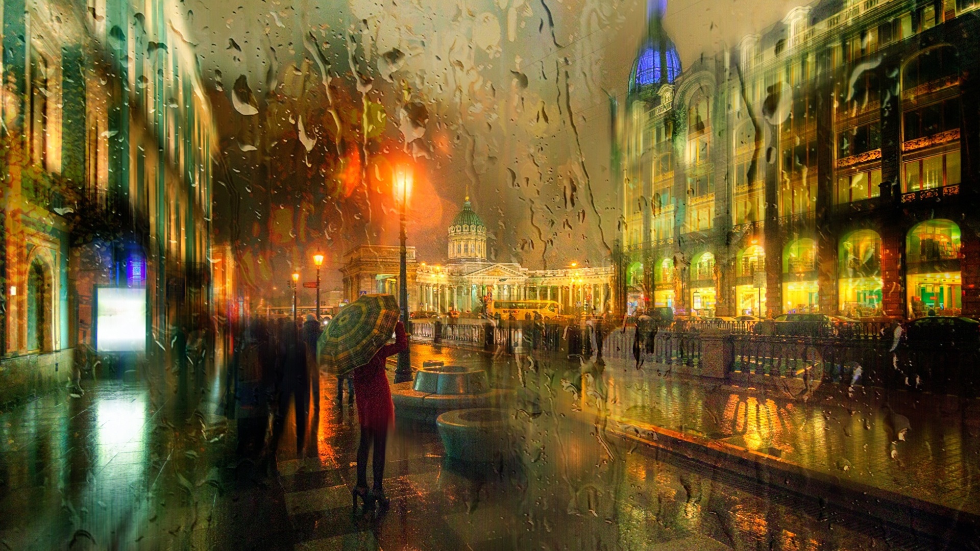 壁紙 19x1080 サンクトペテルブルク 雨 ロシア ストリート 傘 夜 都市 ダウンロード 写真