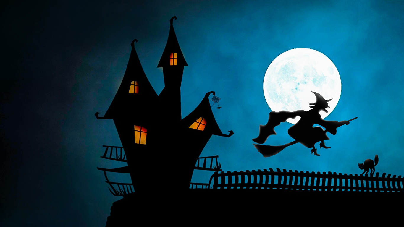 Desktop Wallpapers Witch Silhouette Pumpkin Halloween Moon 1366x768