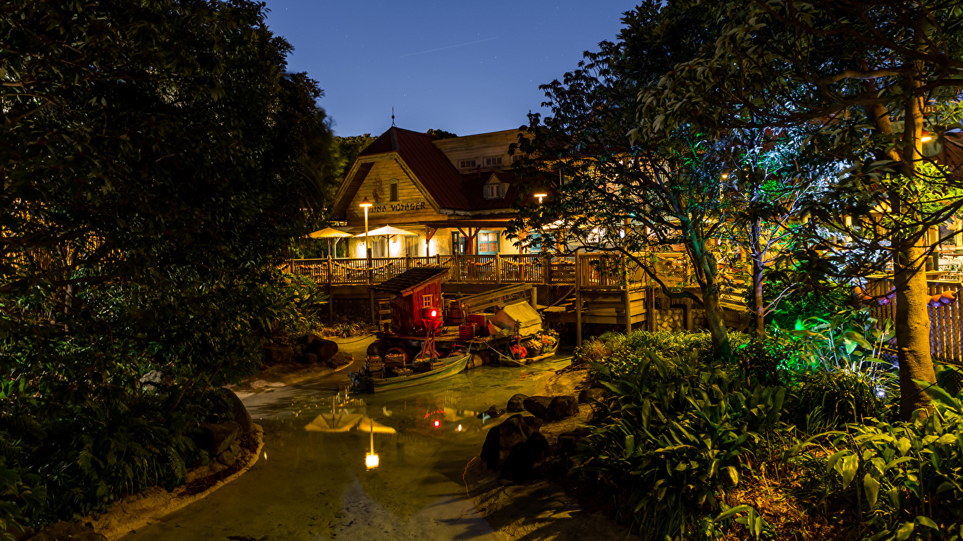 壁紙 1366x768 日本 ディズニーランド 公園 住宅 池 デザイン 夜 木 自然 ダウンロード 写真