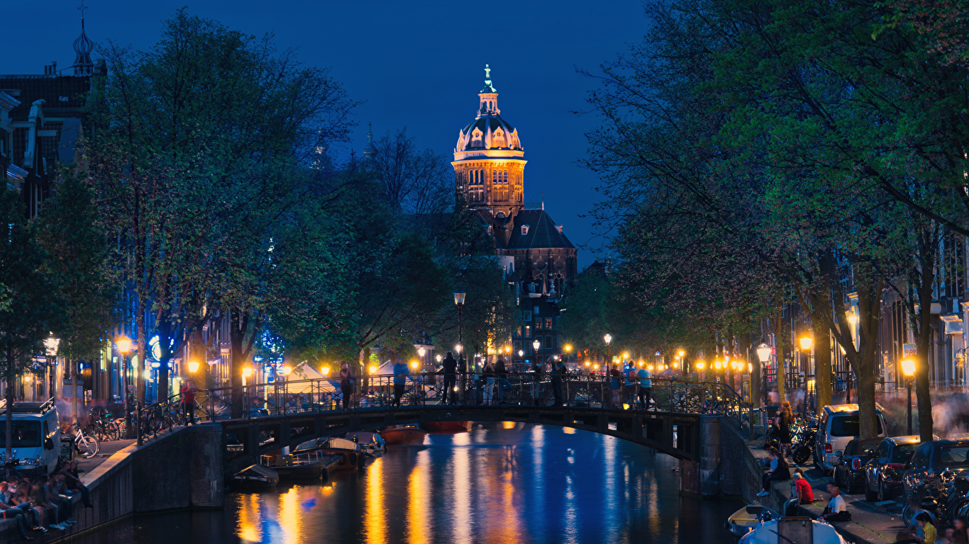 Wallpaper Amsterdam Netherlands Canal Bridge Marinas Night 1366x768