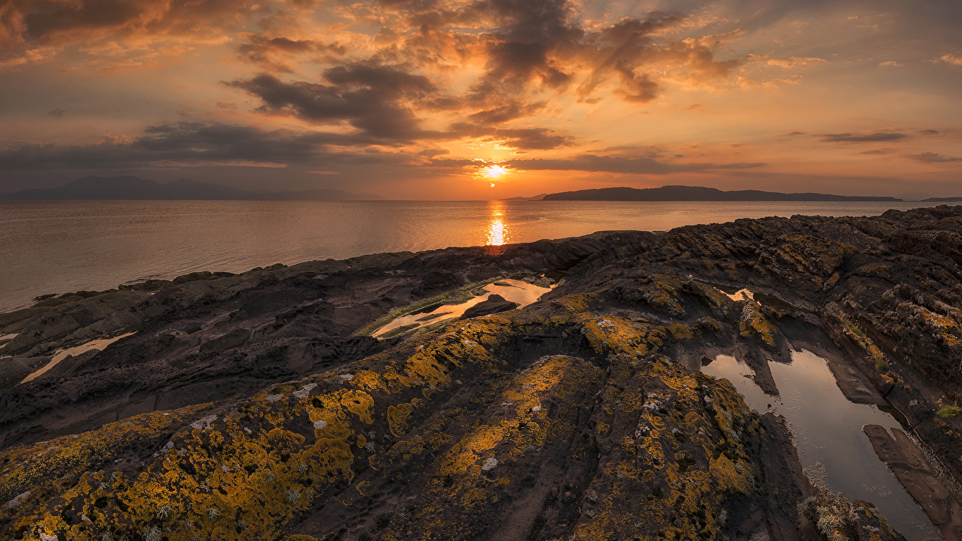 壁紙 1366x768 蘇格蘭 岸 日出和日落 天空 風景攝影 North Ayrshire Coast 大自然 下载 照片