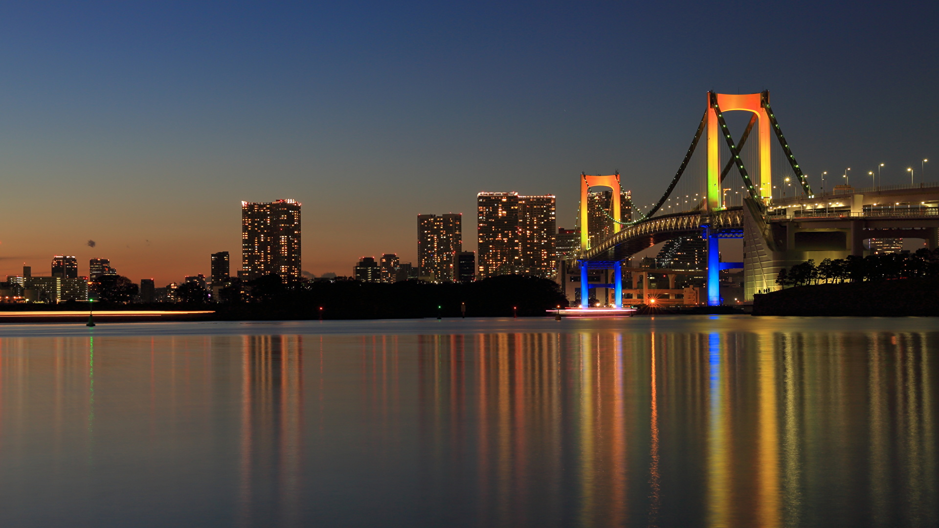 壁紙 19x1080 橋 東京都 日本 Rainbow Bridge 夜 湾 都市 ダウンロード 写真
