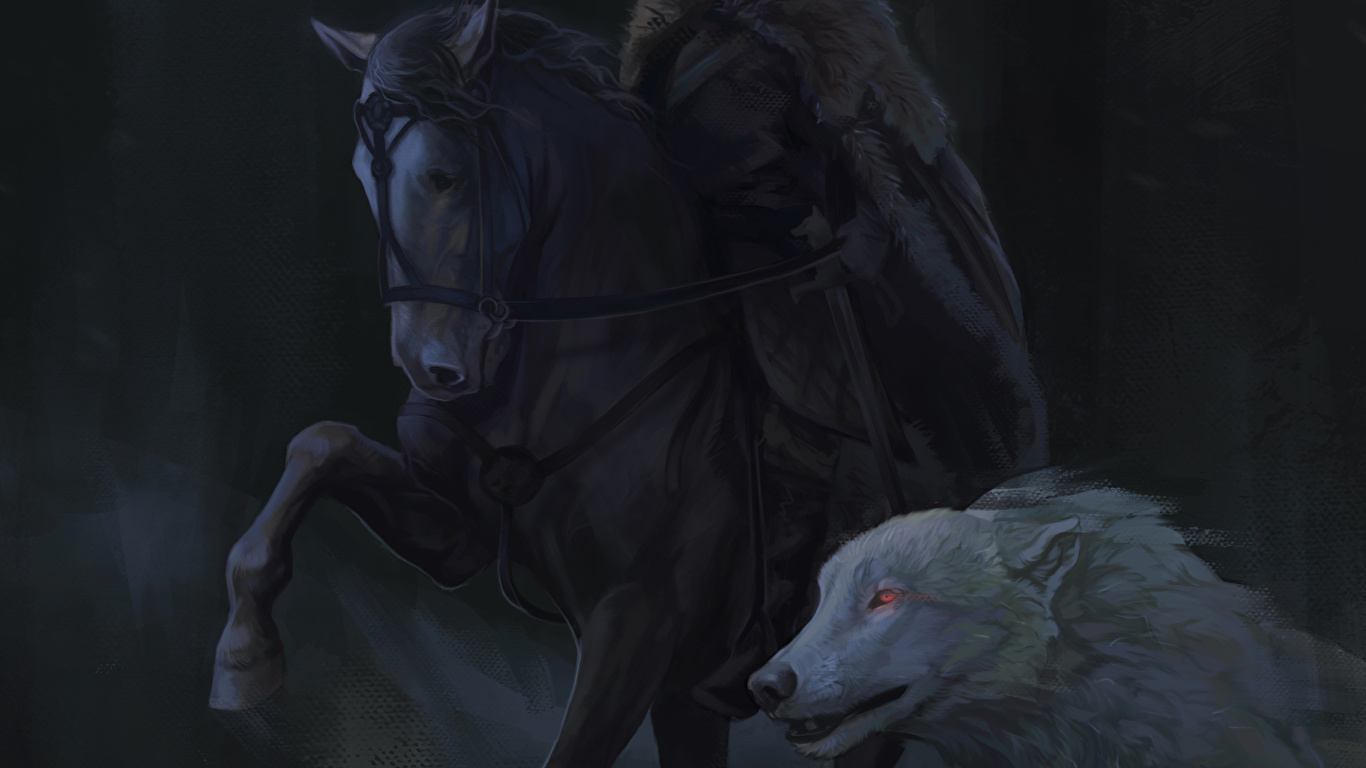 壁紙 1366x768 ゲーム オブ スローンズ 馬 オオカミ 描かれた壁紙 Jon Snow 映画 ダウンロード 写真
