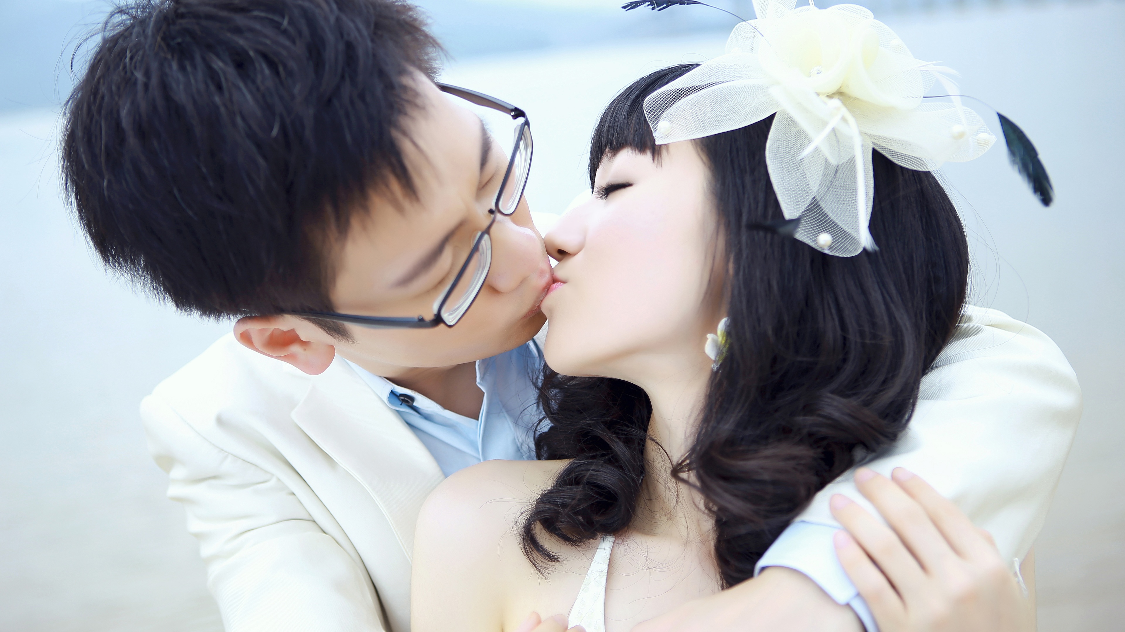 Image Brunette girl Men Couples in love kisses Two hugs 3840x2160