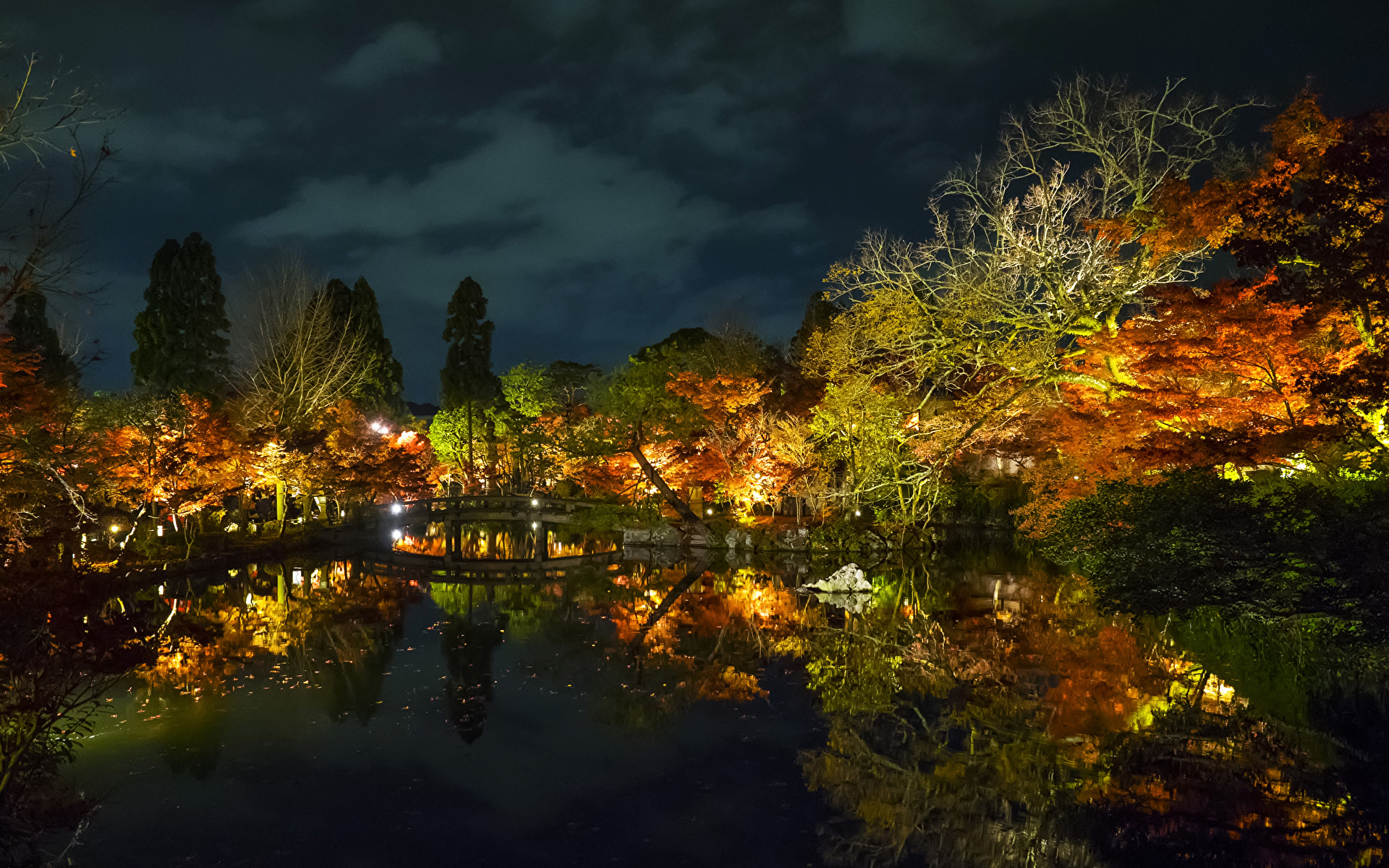 壁紙 19x10 日本 公園 池 Osaka 倒影 木 夜 自然 ダウンロード 写真