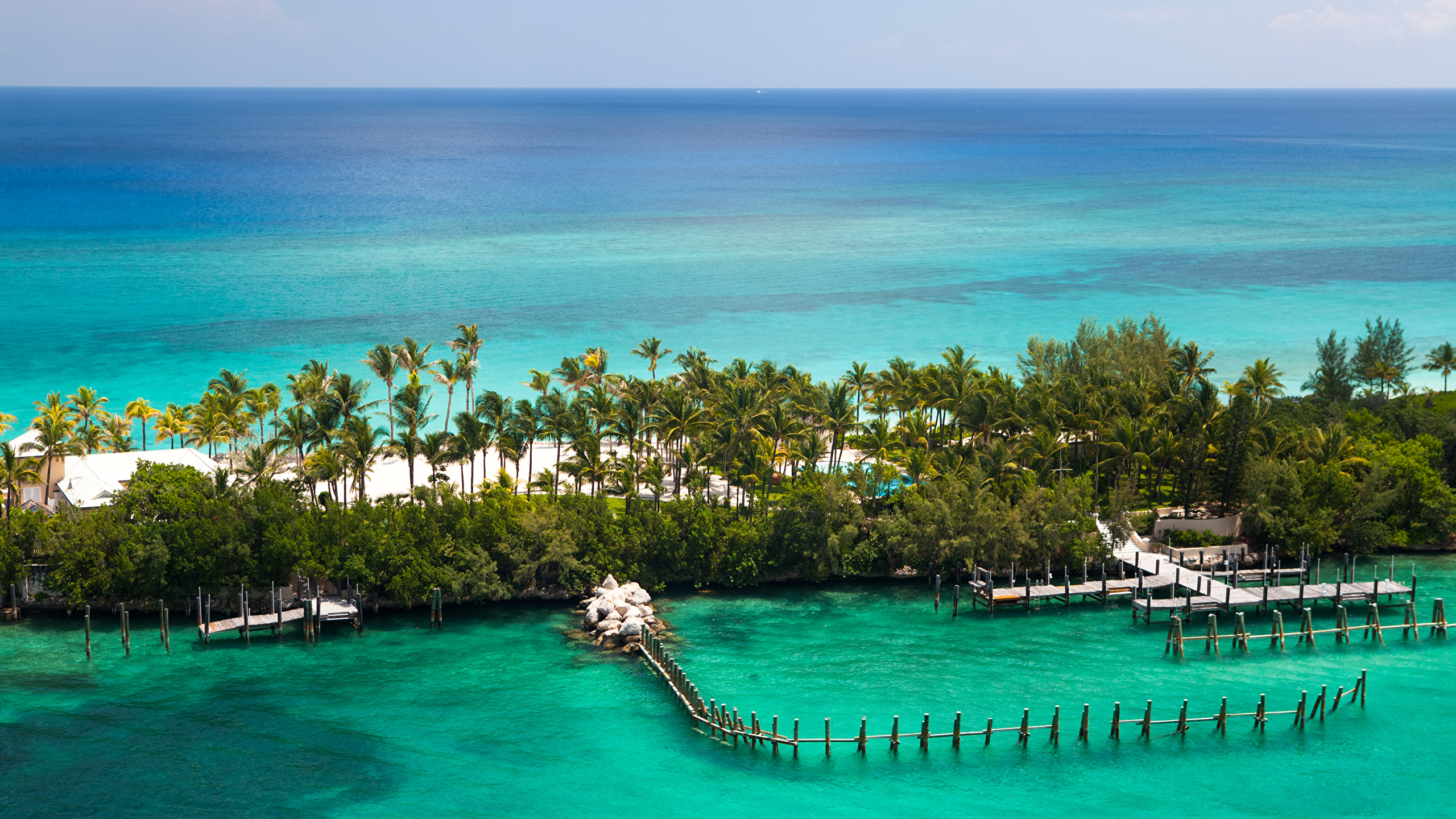 壁紙 2560x1440 熱帯 海 リゾート 桟橋 海岸 Bahamas ヤシ 自然 ダウンロード 写真