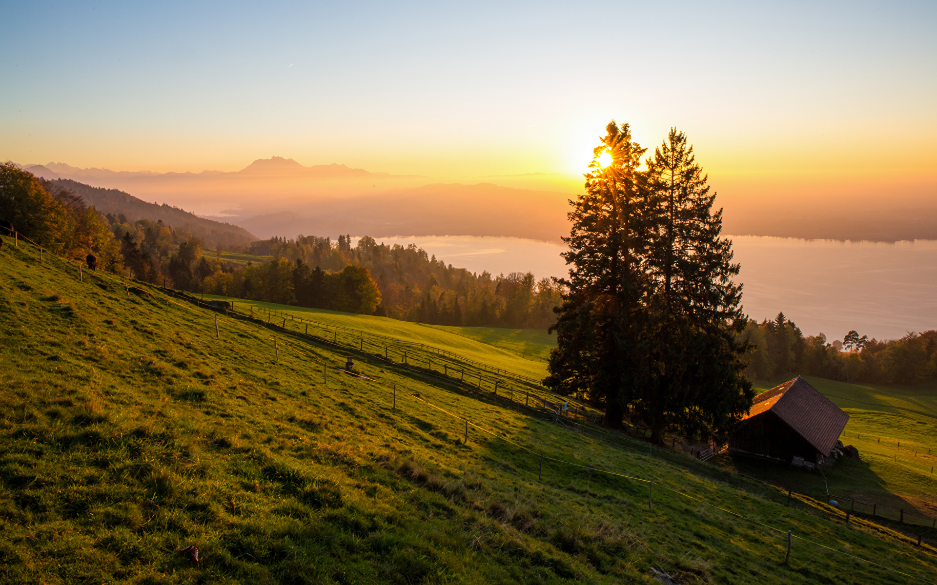 Bakgrunnsbilder til skrivebordet Sveits Zugerberg Natur Granslekten Landskap Natureng Soloppganger og solnedganger Hus 1920x1200 Gran Picea eng daggry og solnedgang landskapsfotografering bygning bygninger