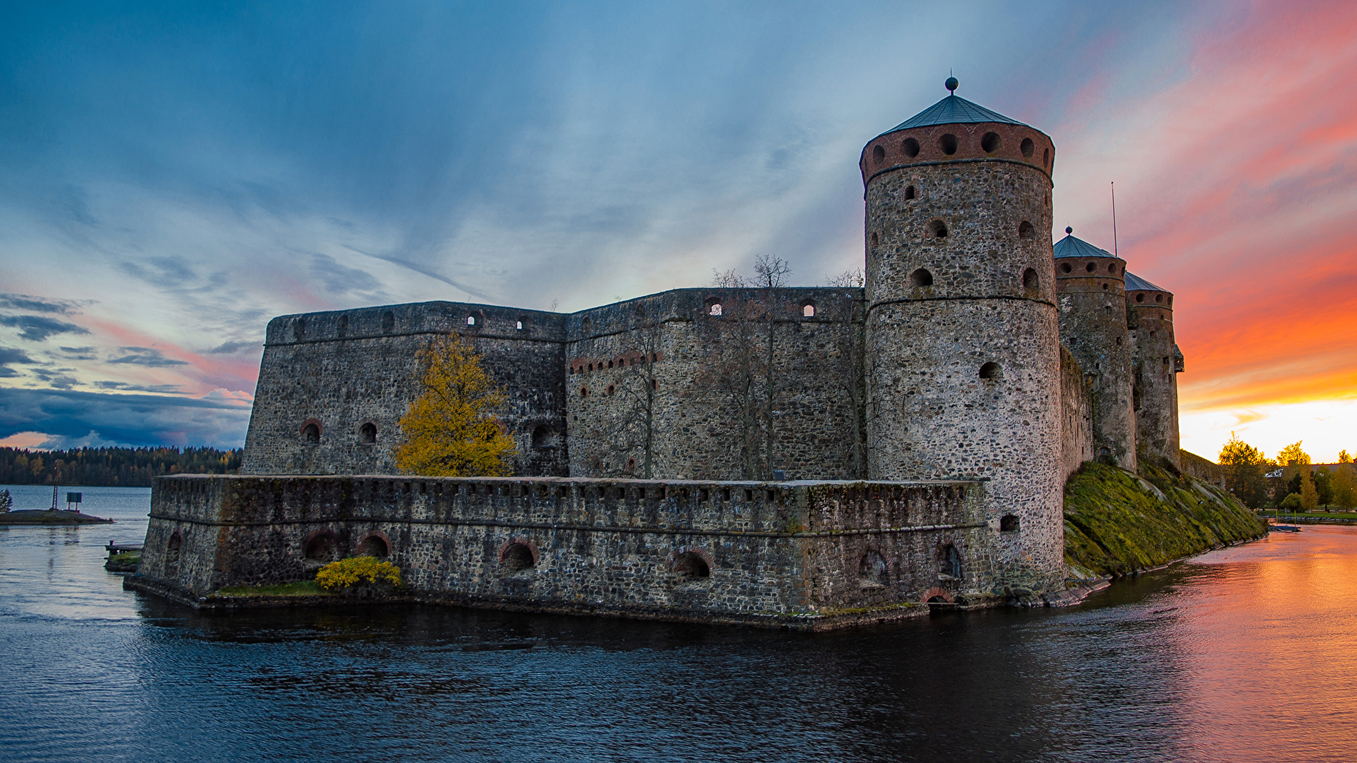 Desktop Wallpapers Finland Olavinlinna Castle Castles Pond 1920x1080