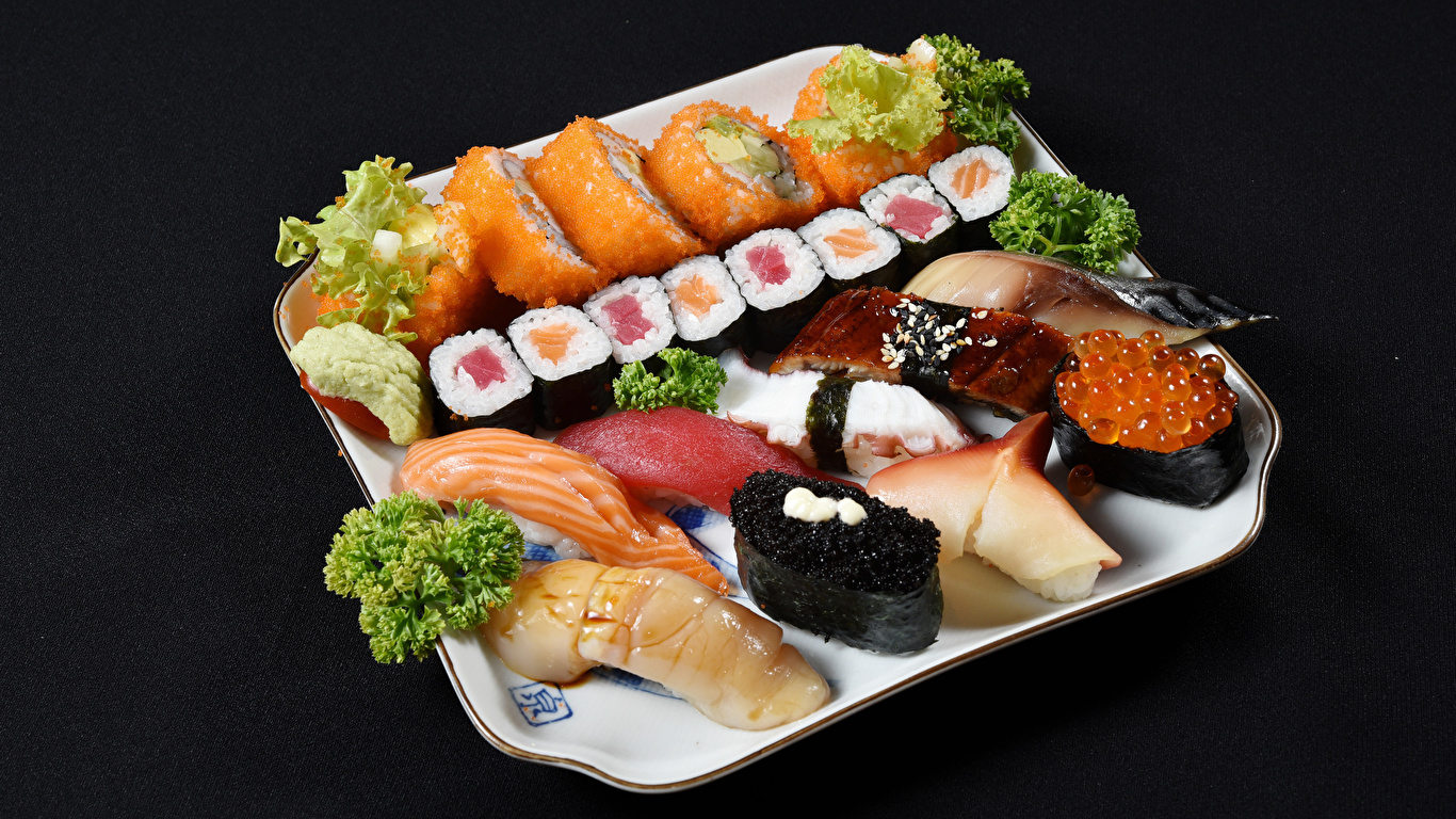 1366x768 Fruto do mar Sushi Peixes - Alimentos Fundo preto comida Alimentos