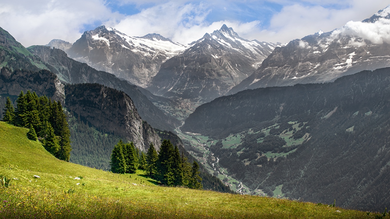 壁紙 1366x768 山 風景写真 スイス 草 アルプス山脈 自然 ダウンロード 写真
