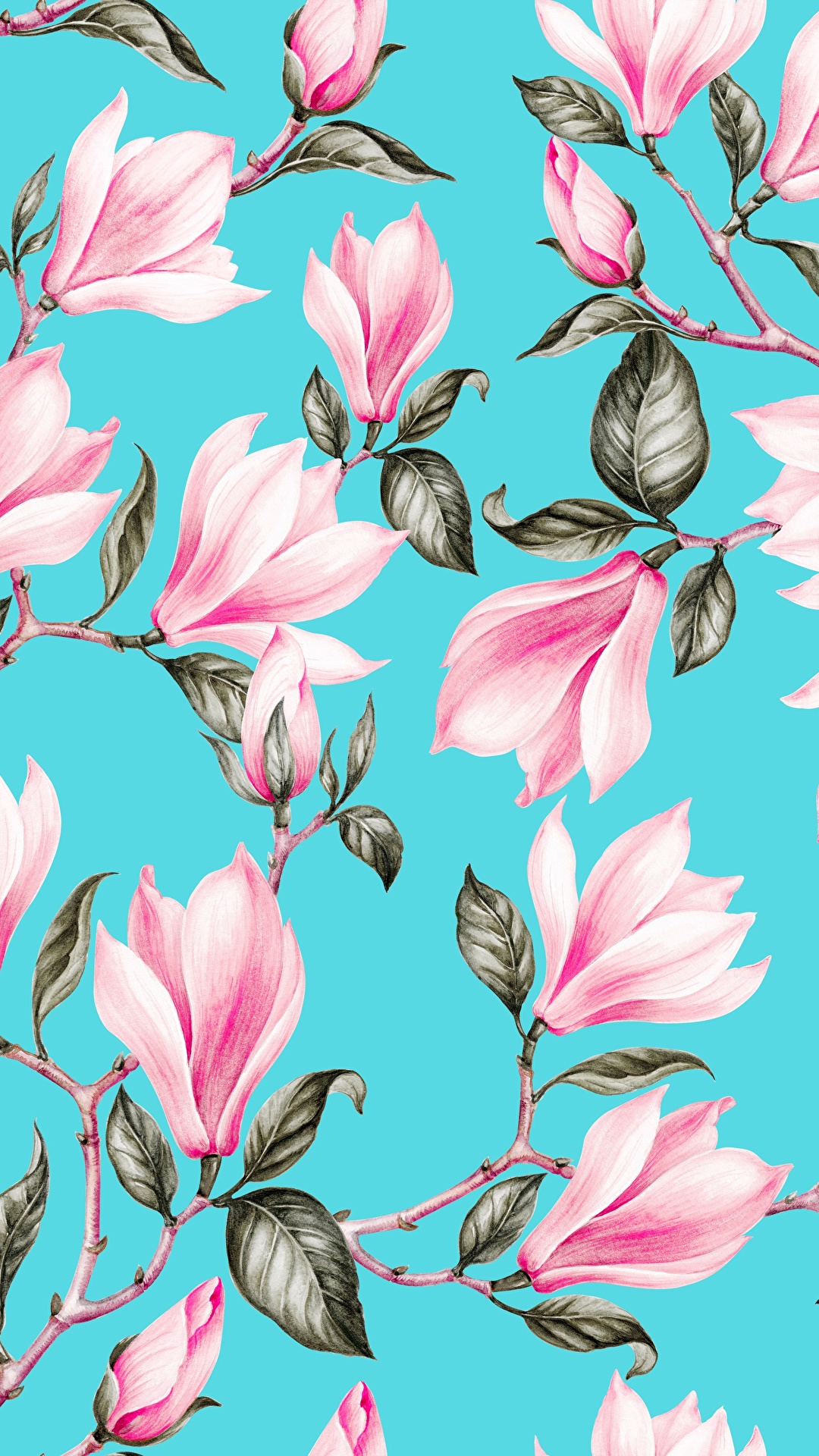 Fondos de Pantalla 1080x1920 Magnolia Dibujado Textura Rama Follaje Celeste  Rosa color Flores descargar imagenes