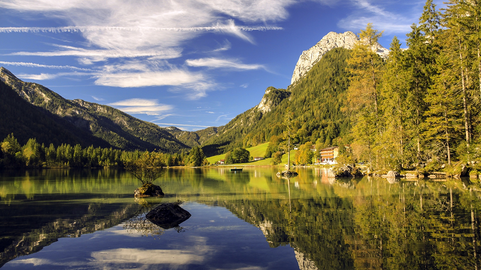 壁紙 19x1080 湖 山 森林 石 ドイツ Berchtesgaden Lake Hintersee バイエルン州 自然 ダウンロード 写真