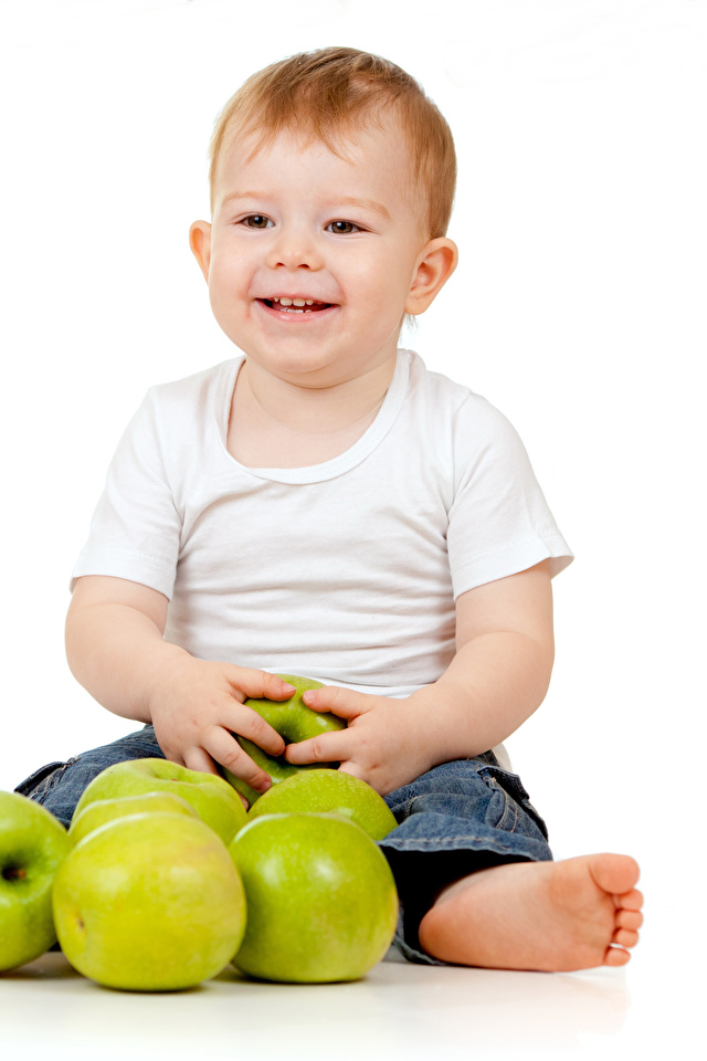 Desktop Wallpapers Boys Smile child Apples Sitting White 640x960