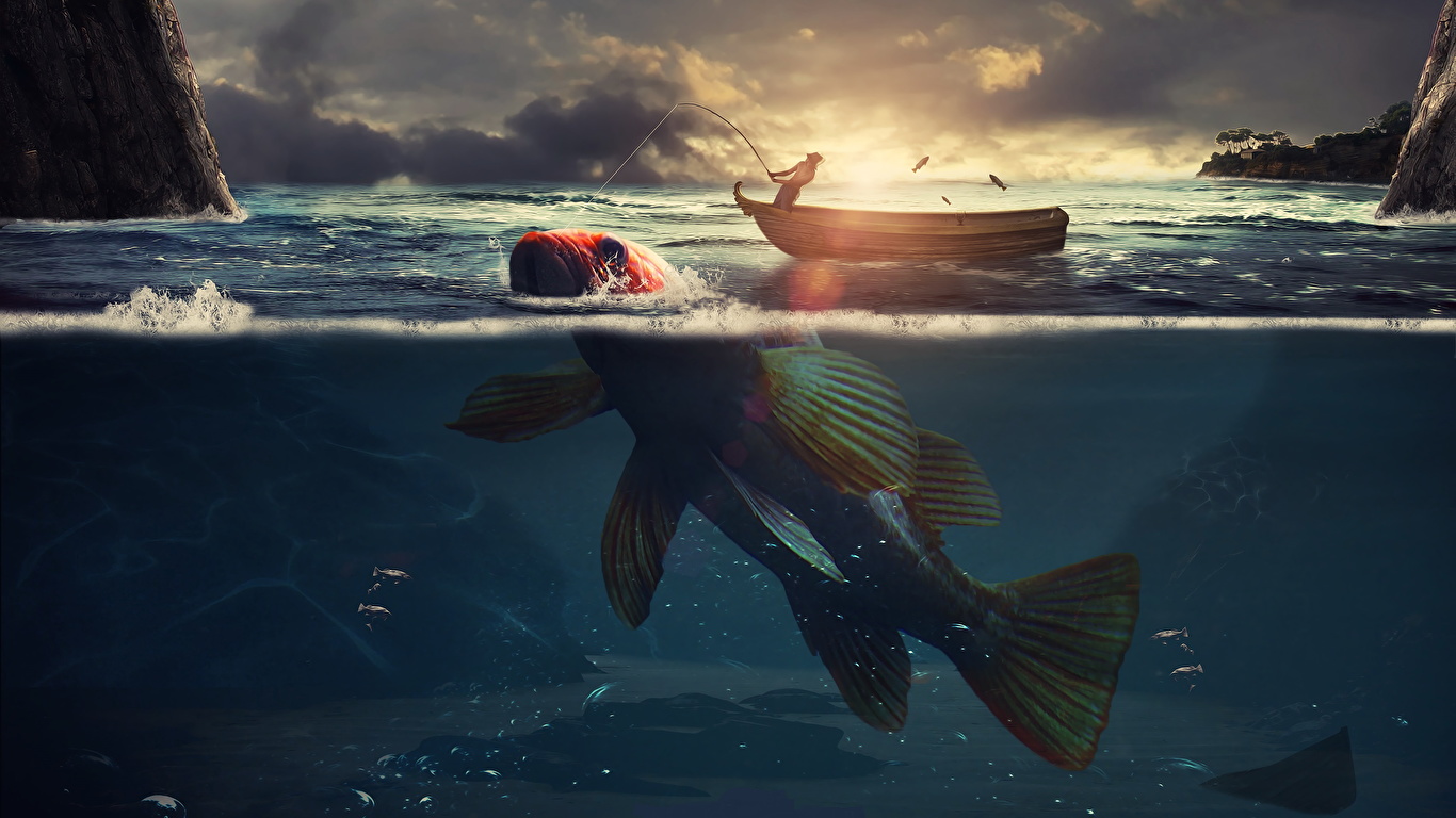 Photo Fish Fishing Creative Water Boats 1366x768