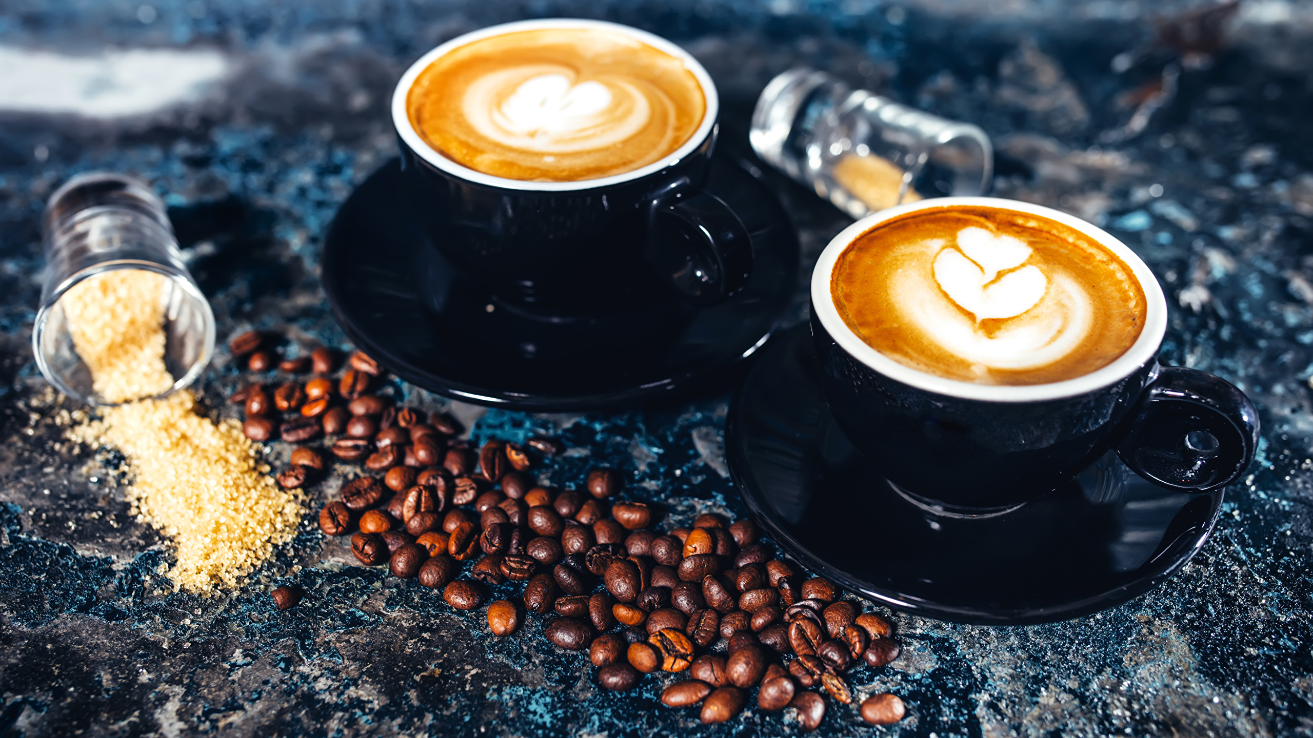 Bakgrunnsbilder til skrivebordet To 2 Kaffe Cappuccino Korn (mat) Mat Tekopp Liten tallerken 2560x1440