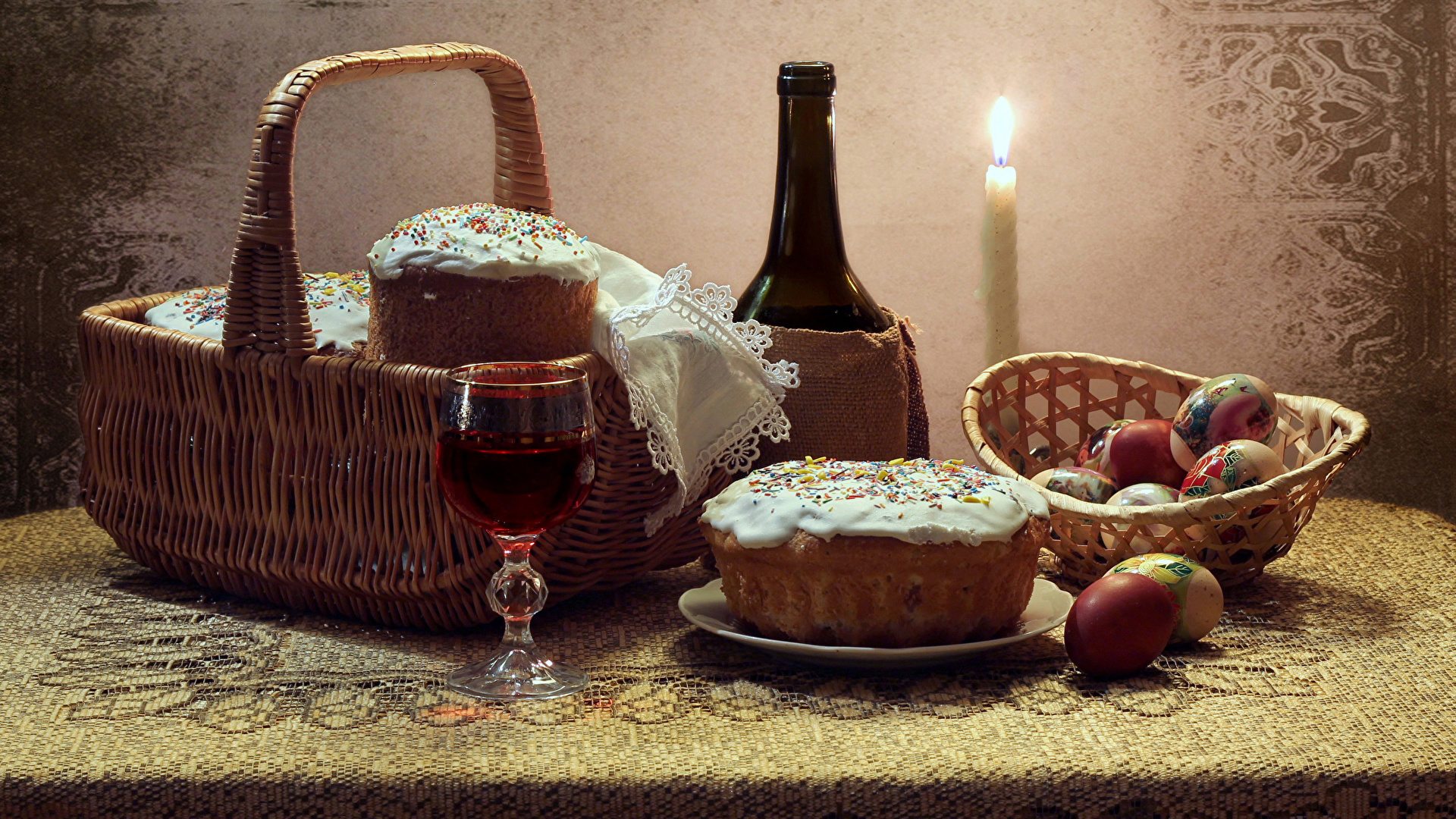 Desktop Wallpapers Easter Egg Wine Kulich Wicker Basket 1920x1080