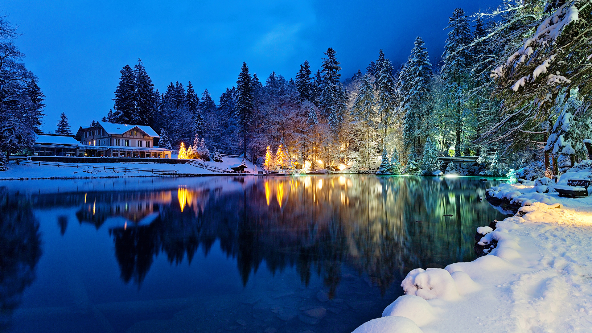 壁紙 19x1080 スイス 冬 湖 住宅 夕 Kander Valley 雪 木 自然 ダウンロード 写真