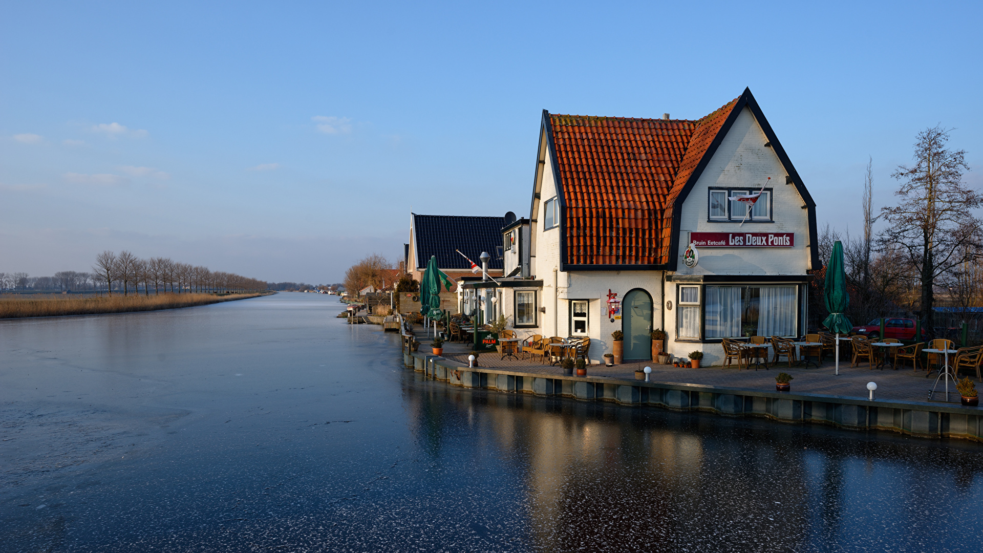 壁紙 19x1080 オランダ 住宅 川 Oudendijk カフェ 都市 ダウンロード 写真