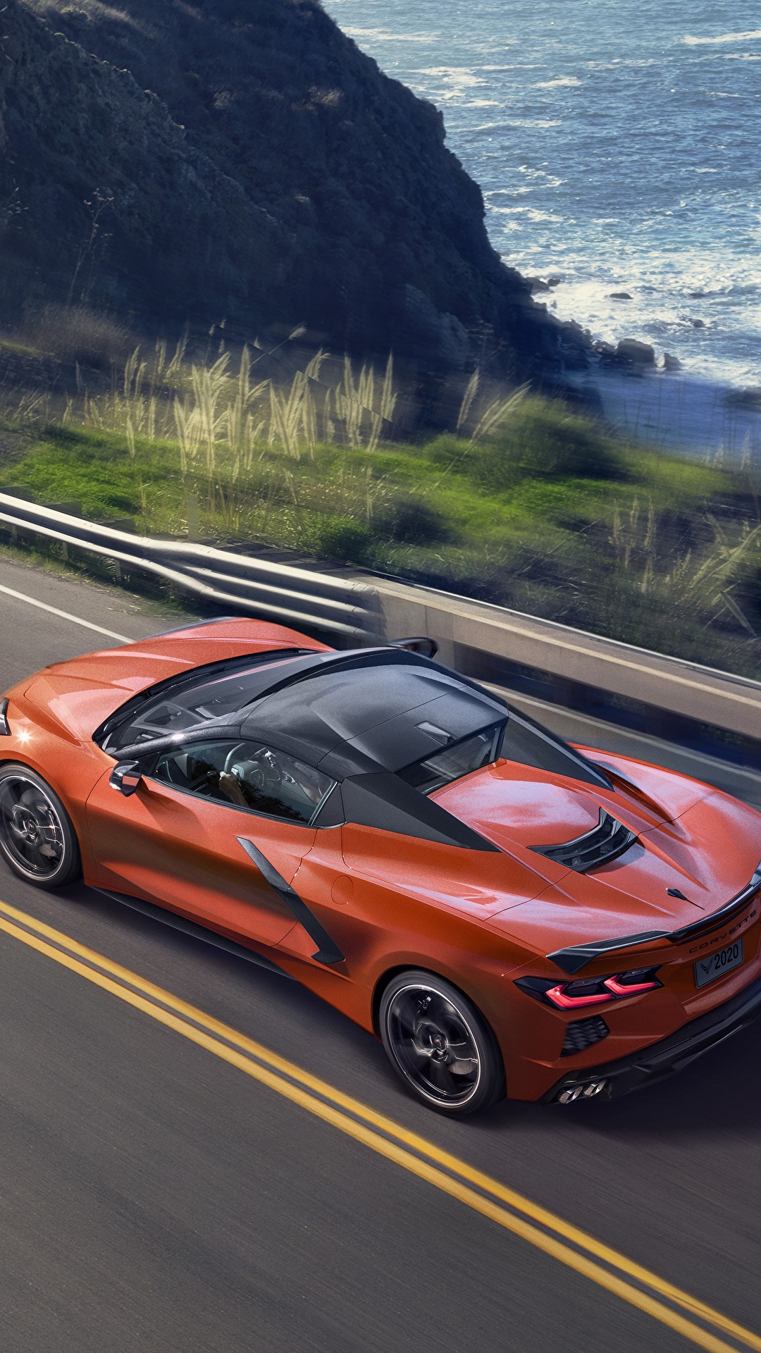 壁紙 1080x19 シボレー Convertible Stingray Corvette C8 オレンジ色 上から 自動車 ダウンロード 写真