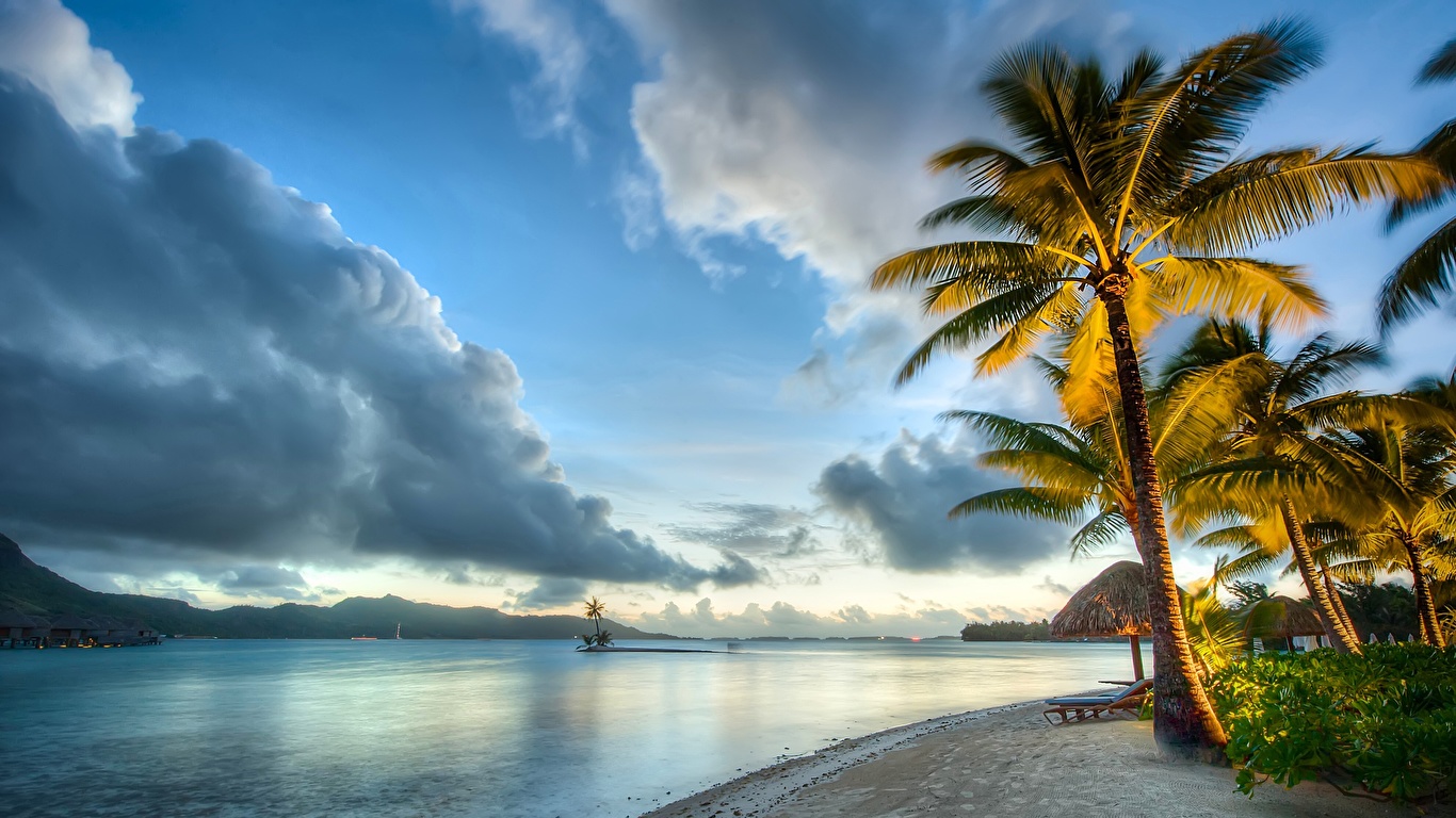 壁紙 1366x768 岸 法屬玻里尼西亞 波拉波拉島 天空 風景攝影 海洋 热带 傍晚 棕榈科 云 大自然 下载 照片