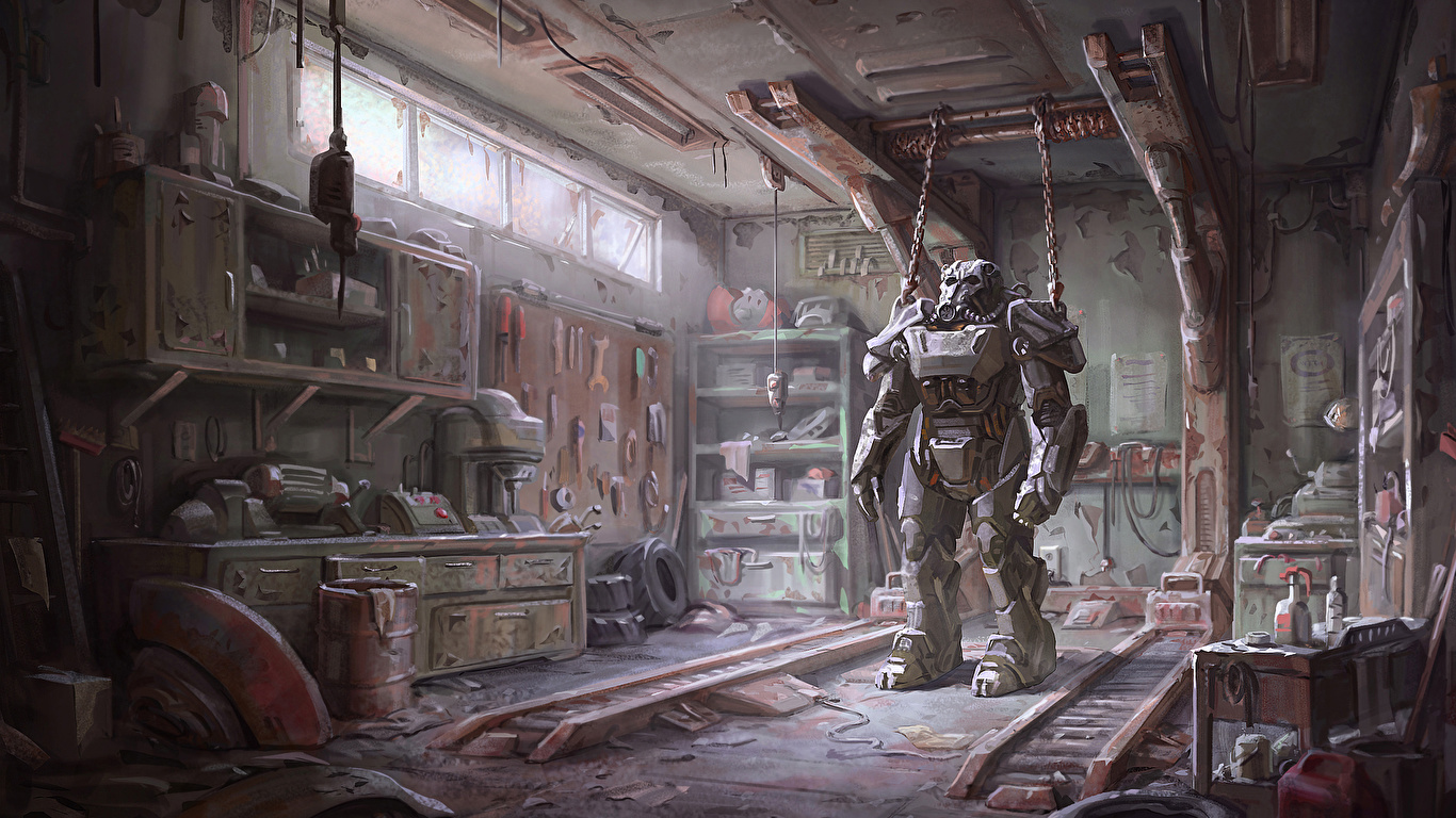 壁紙 1366x768 ウォリアーズ Fallout 4 車庫 鎧 ゲーム ファンタジー ダウンロード 写真