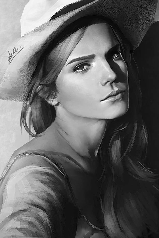 壁紙 640x960 エマ ワトソン 描かれた壁紙 白黒 帽子 凝視 美しい 有名人 少女 ダウンロード 写真