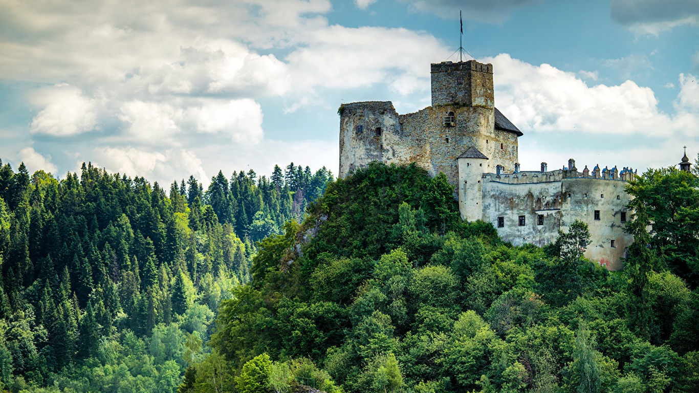 壁紙 1366x768 ポーランド 城 森林 山 Castle In Niedzica Pieniny Mountains 自然 ダウンロード 写真