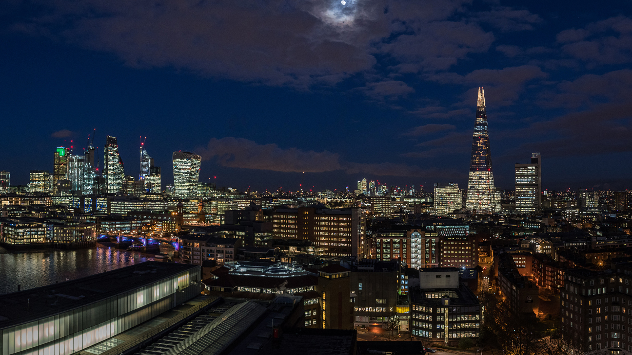 Image London England Sky Moon Night Houses Cities 2560x1440